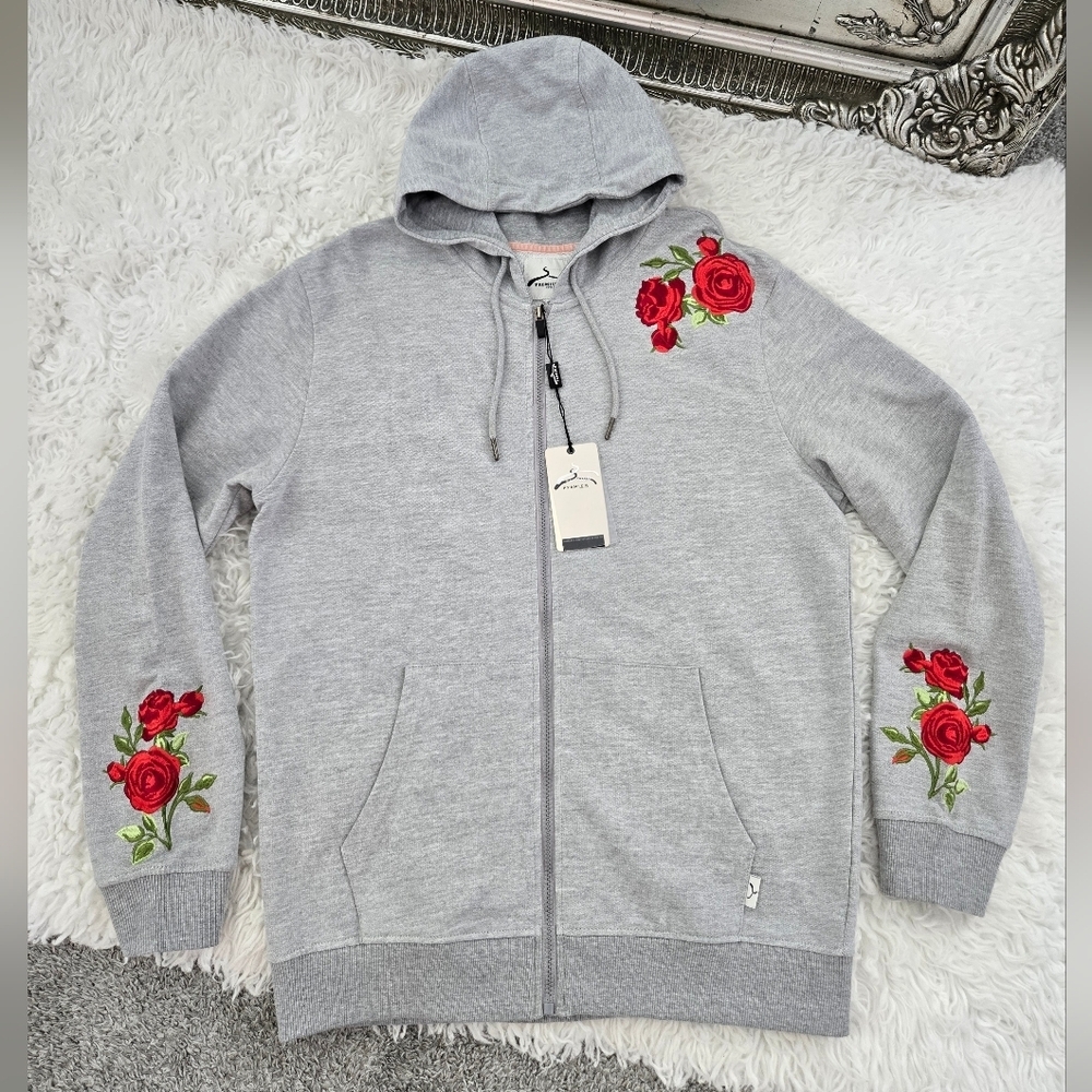 Premium Soul Star Grey Rose Embroidered Full Zip Hoodie Size Large. New.